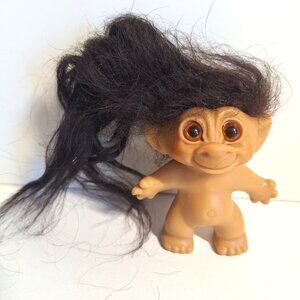 Uneeda Wishnik Troll Doll Long Black or Dark Brown Hair Amber Eyes 3" Vintage